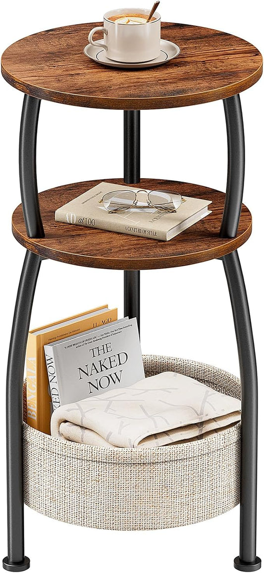 Round Side Table for Small Spaces with Storage Basket âSmall End Table 3-Tier Night Stand Sofa Corner Table for Living Room, Bedroom, Patio and More 24in Tall Rustic Brown