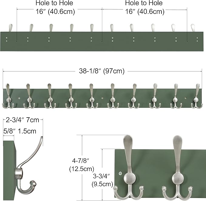 SKOLOO Creations Forest Green Solid Wood Wall Mounted Coat Rack, 10 Hooks
