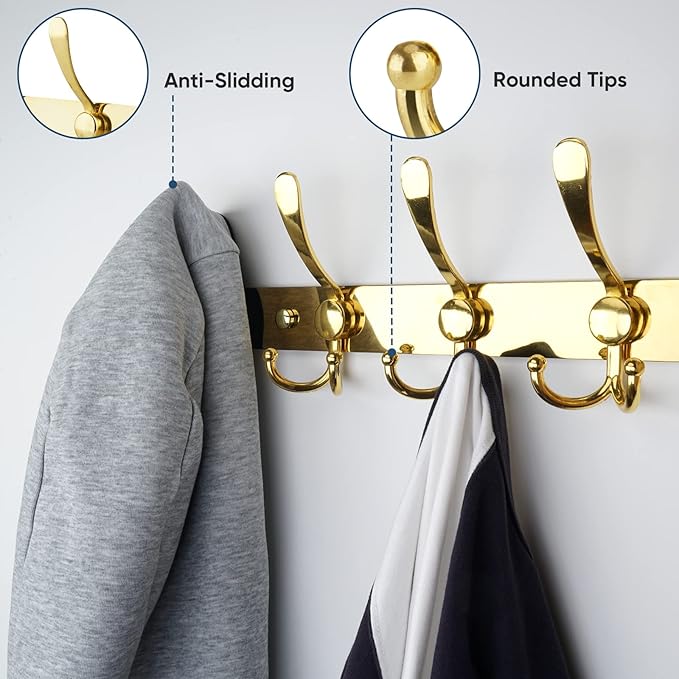 TICONN Wall Mounted Coat Rack, Five Heavy Duty Tri Hooks All Metal Construction