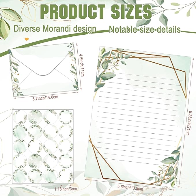 TaoBary 160 Pcs Stationery Paper Set 50 Double Sided Stationery Papers with 50 Matching Envelopes and 60 Round Dot Sticker, 10 Design(Eucalyptus,5.5 x 8.25 Inch)