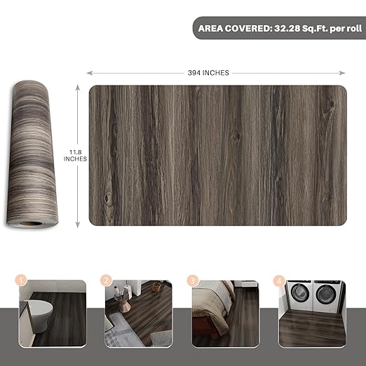 Wood Grain Peel and Stick Floor Tiles – 11.8” Width, Full Roll Length of 394" –
