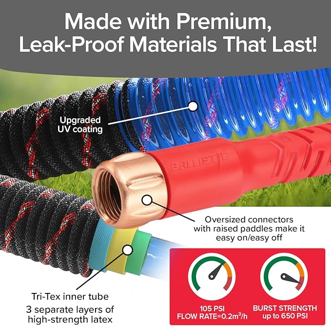 Pocket Hose Ballistic 25 FT Expandable Garden Hose w/Pocket Pivot Swivel Connector, Anti-Burst Sleeve Reinforced with Bulletproof Fiber, Lightweight, No-Kink, Compact, UV-Protected, AS SEEN ON TV