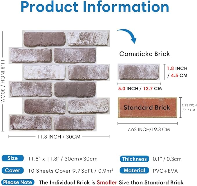3D Brick Wall Panels, Faux Brick Peel and Stick Wall Panels, Small Size Thin