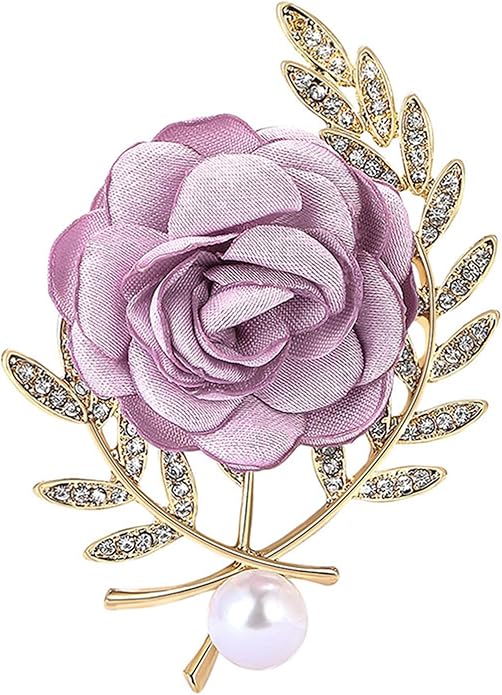 Dreuyet Rose Flower Brooch for Women Dainty Elegant Satin Fabric Flower Lapel Pins Vintage Pearl Camellia Crystal Pin Dress Suit Accessories Valentine's Day Wedding Bouquet Jewelry ï»¿