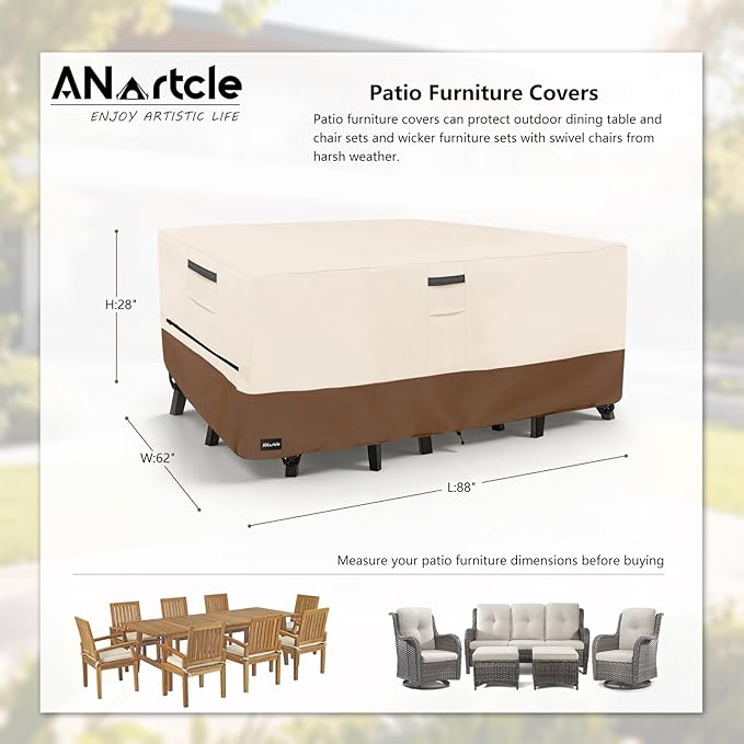 ANartcle Patio Furniture Covers 88L x 62W x 28H inch,600D Waterproof Heavy Duty Outdoor Furniture Covers,Outdoor Wicker Furniture Set with Swivel Patio Chairs General Purpose Furniture Cover,Beige