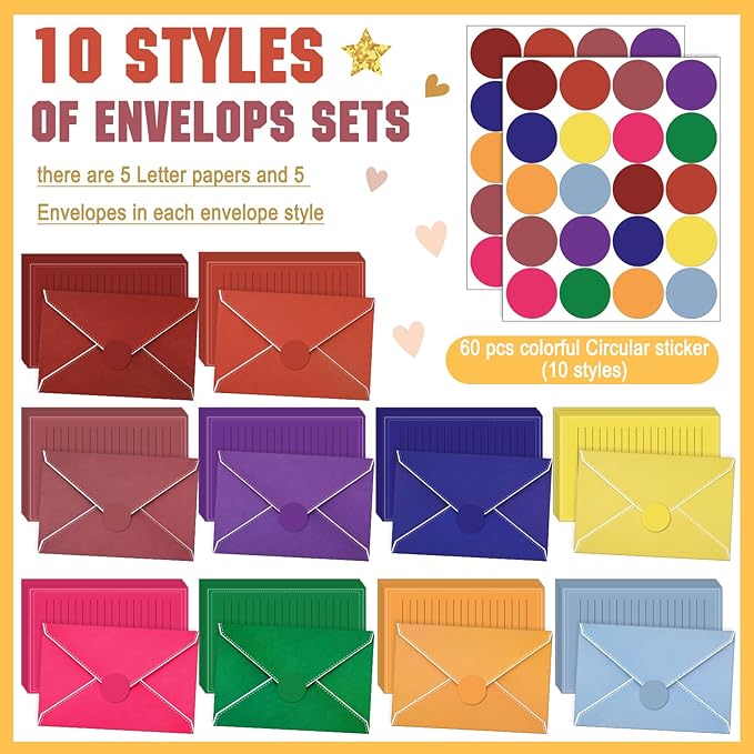 TaoBary 160 Packs Stationery Paper Set (50 Double Sided Stationery Writing Papers 50 Matching Envelopes) 60 Round Dot Sticker, 10 Design (Bright Color)