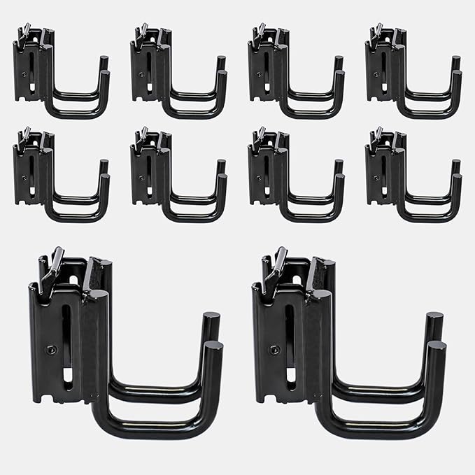 10-Pack E-Track Double Fitting J-Hooks, 2" Wide & 2" Deep Stable E Track Double J Hooks with Dual Fittings, Heavy Duty Shovel Hanger for Trailers, Trucks, Garden Tools Organizers Storage