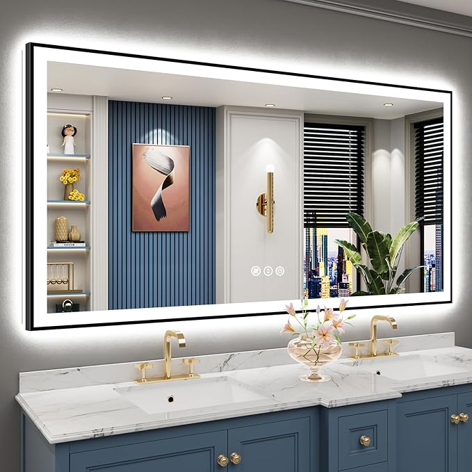 68x36 Black Framed LED Bathroom Mirror