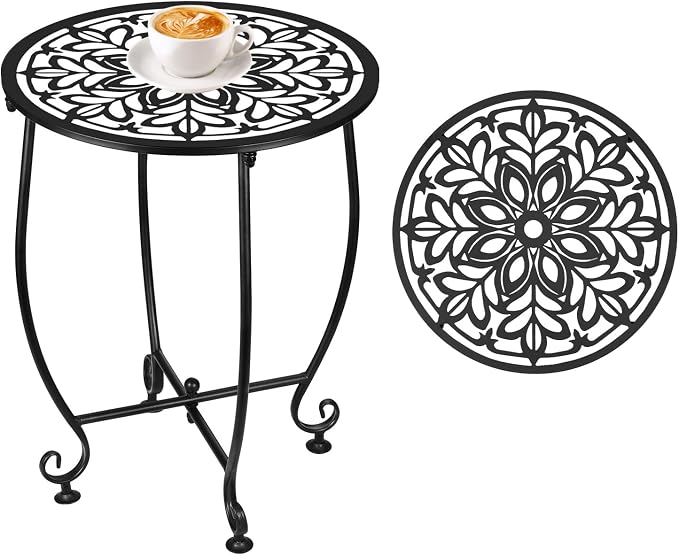 Small Outdoor Side Tables - 14 Inch Metal Patio Side Table, Anti-Rust Waterproof Outdoor Round End Table for Patio Porch Garden Yard Balcony, Black (Style D)