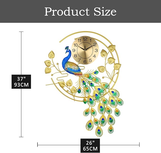 36.6 Inch Large Peacock Wall Clock Non-Ticking Silent, Creative Decorative