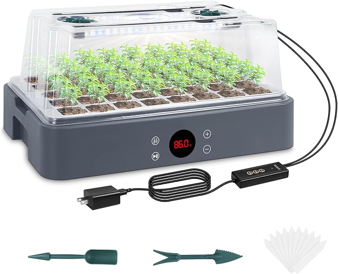 Sondiko Seed Starter Tray with Grow Light, Heated Seed Starter Kit with Temperature Display, Humidity Dome Germination Kit, Adjustable Plant Light for Seed Starting and Seedling Growth