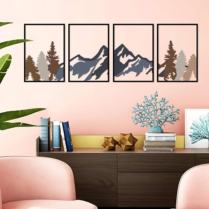 ESTART 4 Pcs Metal Mountain and Forest Wall Decorations Line Drawing Wall Art Minimalist Wall Decor Rustic Nature Home Wall Art Sculpture For Living Room Bedroom Office (Mountain Forest Large)