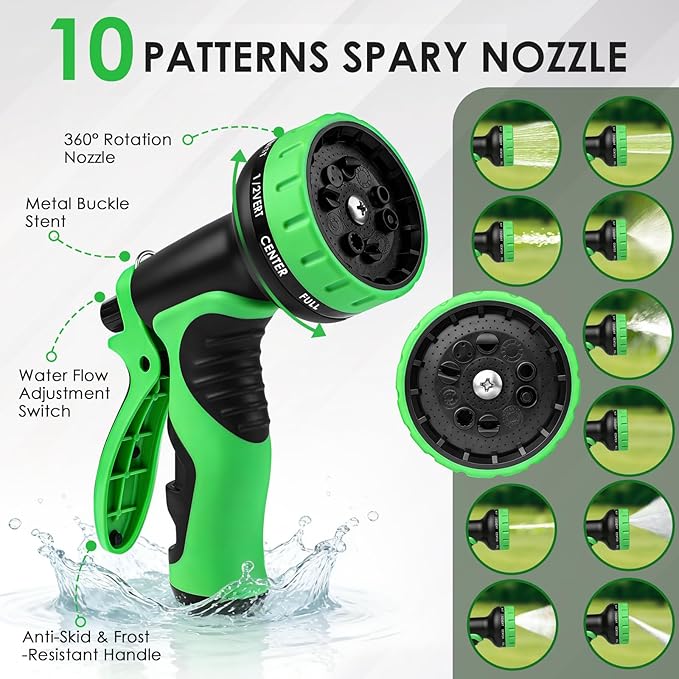 Garden Hose 100 FT, Non-Expanding Lightweight High-Pressure Water Hose with 10 Spray Nozzle, Portable No Kink Flexible Garden Hoses Pipe for Outdoor, Lawn, Yard, Car, House(500 PSI Max, 3/4" GHT)