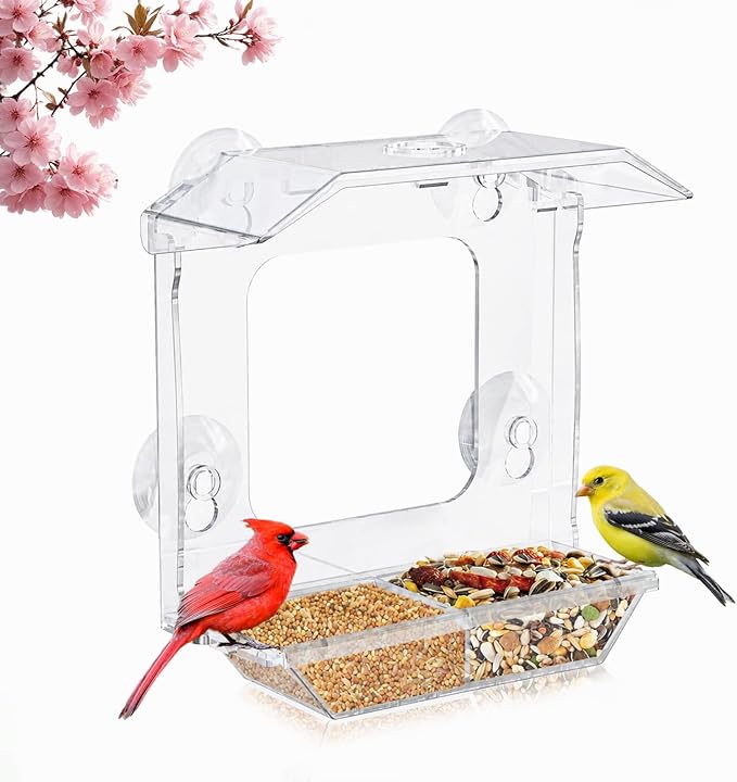 Window Bird Feeder with 4 Extra Strong Suction Cups, Clear Bird Feeder with Dual Seed Tray, Easy to Install & Clean, Birdfeeder for Viewing Wild Birds, Bird Watching Gift, Garden Decor