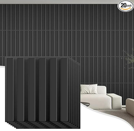 20 Pack 3D PVC Fluted Slat Wall Panels 12x12 Inch Covers 20 Sq.Ft Black