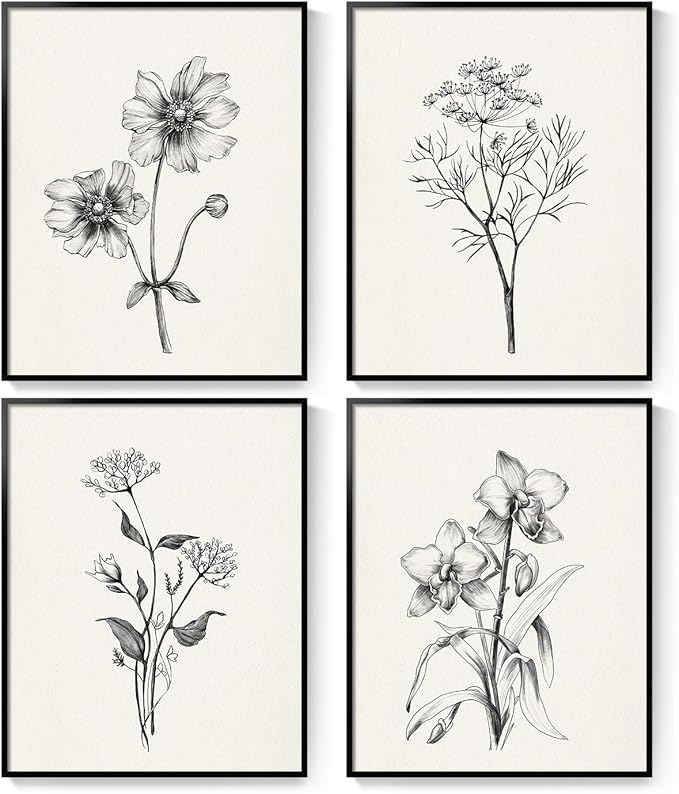 Framed Black and White Floral Wall Art