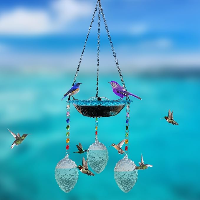 Hummingbird Feeder and Bird Bath for Outdoors 2-in-1 for Small Birds - Hummingbird Bath Fountain with 3 Blue Feeder Pots - Hanging Solar Bird Bath Fountains