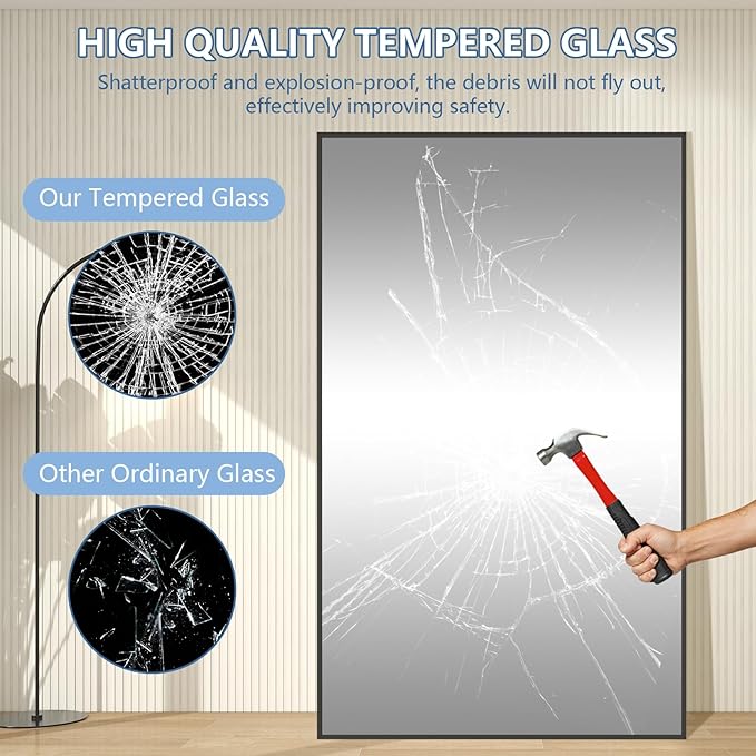 Oversized Standing Mirror Full Length, Hanging or Wall Mounted, Tempered Glass