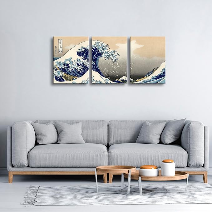 Wieco Art Great Wave of Kanagawa Katsushika Hokusai 3 Piece Modern Canvas
