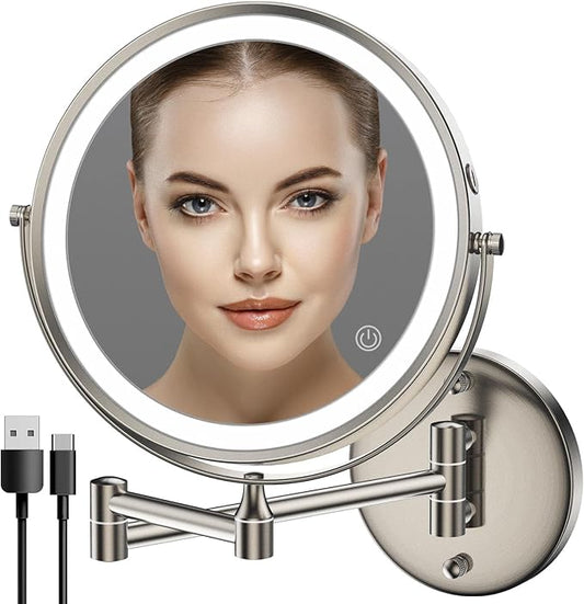 Rocollos Rechargeable Wall Mounted Lighted Makeup Mirror, 8 Inch Double-Sided