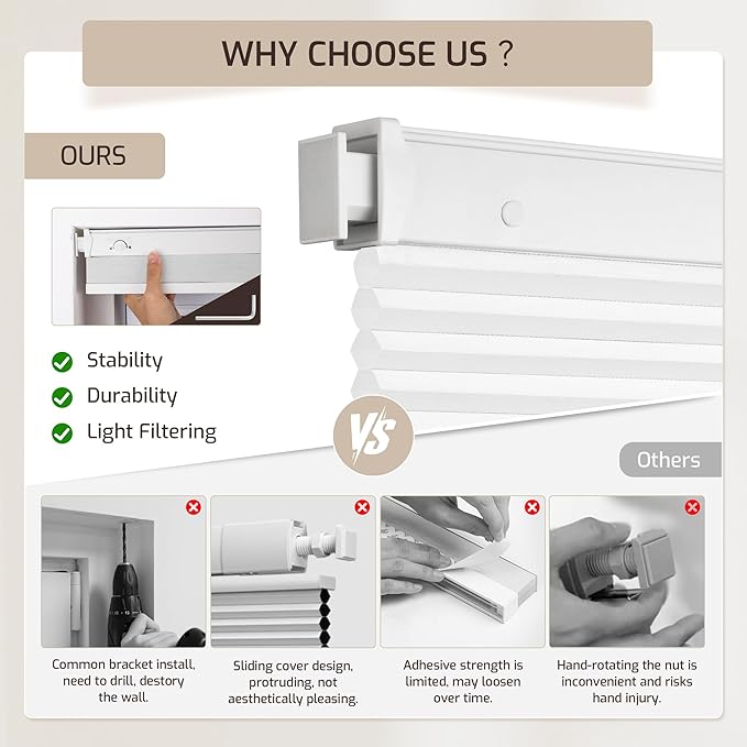 Grandekor No Tools No Drill Cordless Cellular Shades, 34.5" W × 64" H, Light