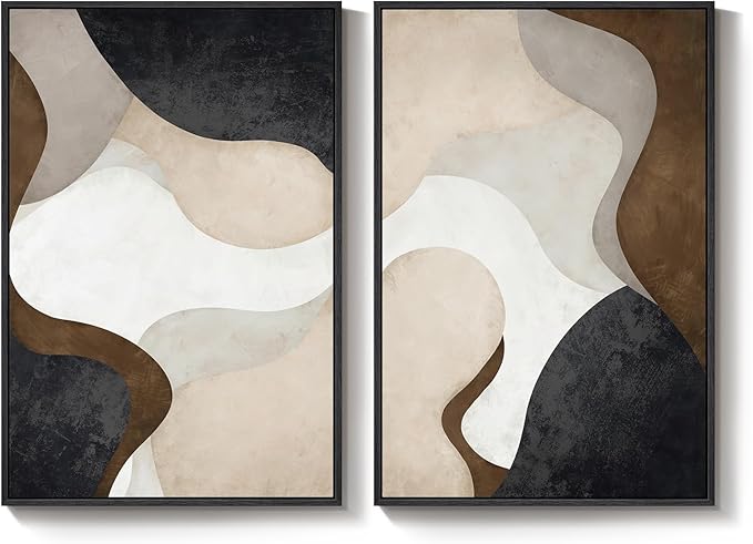 Large Framed Neutral Abstract Minimalist Wall Art Set of 2, Modern Canvas
