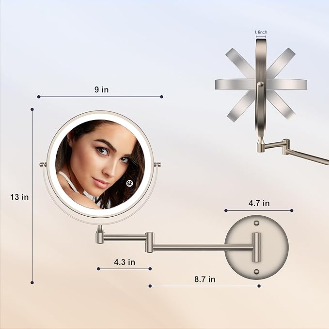 Rocollos 9" Wall Mounted Lighted Makeup Mirror, Large Double Sided 1X/10X