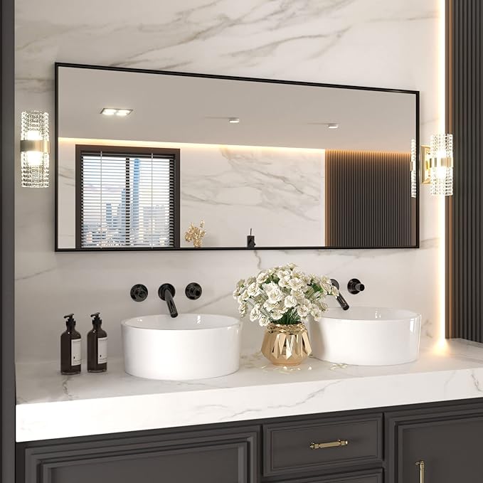 LOAAO 72"X32" Black Rectangle Bathroom Mirror Wall, Matte Black Aluminum Alloy