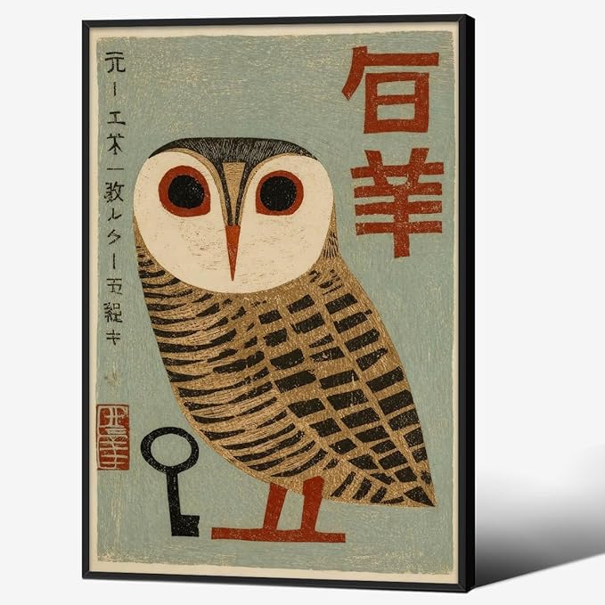 Vintage Japanese Black Framed Wall Art Owl Poster Mid Century Animal Print