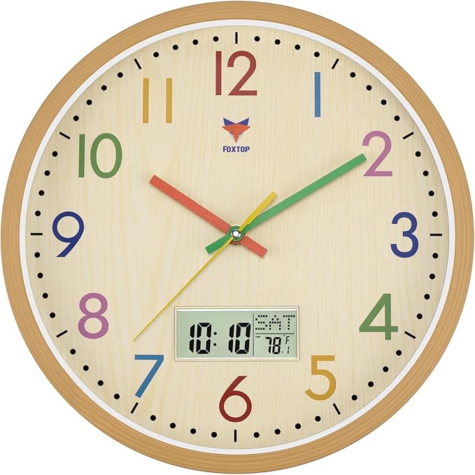Foxtop Digital and Analog Kids Wall Clock 12 Inch Silent Non-Ticking Battery