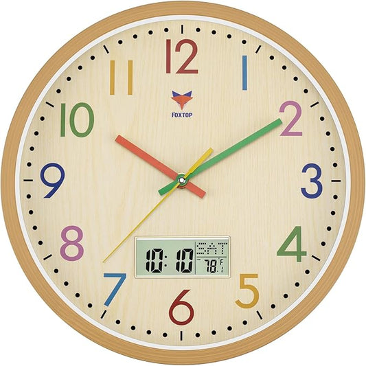 Foxtop Digital and Analog Kids Wall Clock 12 Inch Silent Non-Ticking Battery