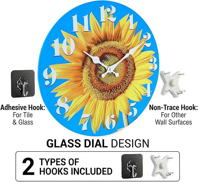 Large Sunflower Decor Wall Clocks, Waterproof Glass Wall Clock