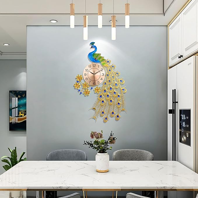 Large Peacock Wall Clock for Living Room Decor, Mid Century Decorative Big Wall