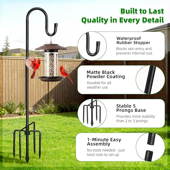46" Heavy Duty Shepherds Hooks for Outdoor, Bird Feeder Pole with 5 Prong Base, Adjustable Height Shepherds Hook for Hummingbird Feeder, Bird Feeder, Plant, Wind Chimes,Lanterns,Wedding Decor (1 Pack)