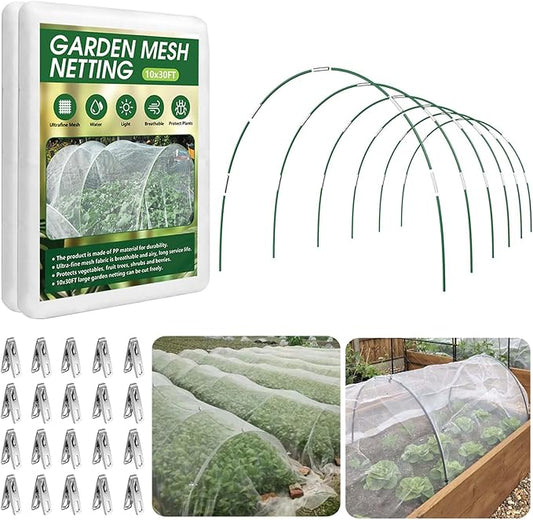 Garden Netting Kit for Raised Beds, 10x30FT Ultra Fine Mesh Nettingï¼ 6 Sets of 8FT Fiberglass Garden Hoops, Row Cover Insect Netting for Vegetable Plant Fruit Flowers Protection
