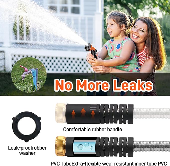 Besiter Garden Hose 25FT Stainless Steel Water Hose with 10 Functions Adjustable Spray Nozzle, Heavy-Duty Metal Garden Hose Flexible Durable No-Tangle & Kink Leak Dog Proof Hose for Yard Lawn(Orange)