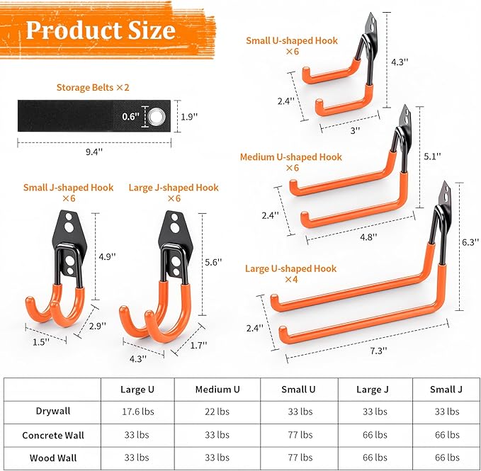 Housolution Steel Garage Hooks - 30Pack Anti-Slip Coating, Heavy Duty Wall Mount Hooks for Bikes, Garden Tools, Ladders, Hose, Bulk Items Ropes, Garage Tool Organizer with Extension Cord Wrap, Orange