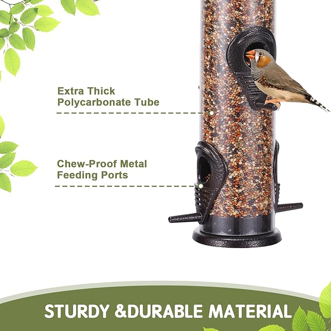 Metal Bird Feeder Tube Hanging Wild Bird Seed Feeder Aluminum Six Port Bird Feeders,1.4 mm Extra Thick Solid Tube Transparent with Steel Hanger Great for Attracting Birds (Coffee 2PK)