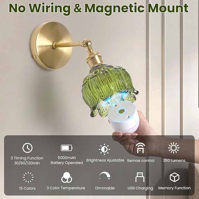 Vintage Battery Operated Wall Sconces - 5000mAh Rechargeable Dimmable Wireless