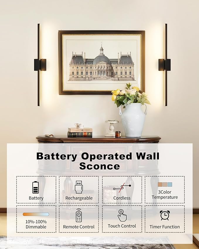 8000mAh Battery Operated Wall Sconce Set of 2, 3000K-6000K Dimmable