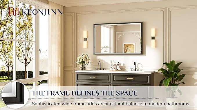 Keonjinn 48" x 30" Black Bathroom Vanity Mirror, Aluminum Alloy Framed Black
