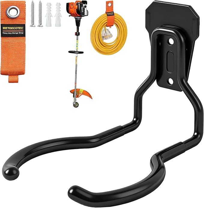 Heavy Duty Garden Power Tool Hanger, Garage Storage Utility Hooks with Storage Straps, Electric Tool Hooks, String Trimmer Hangers, Garden Tool Organizer, Weedeater Rack (1, Black)