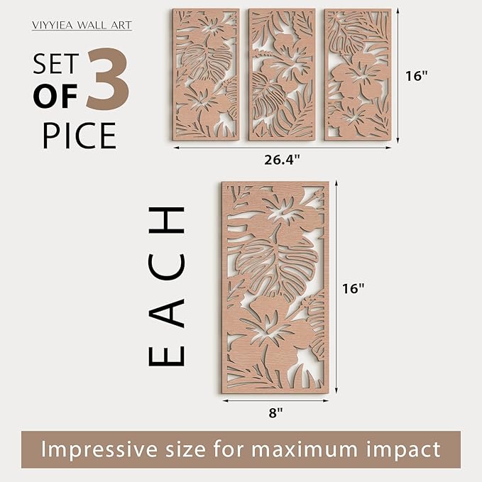VIYYIEA Boho Solid Wood Carved Wall Art Set of 3, Geometric Minimalist Wooden