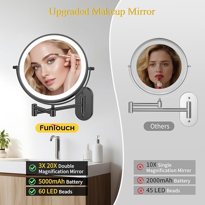 FUNTOUCH 20X/3X Rechargeable Wall Mounted Makeup Vanity Mirror