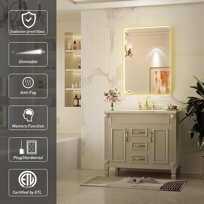 20X28 Inch Framed LED Lighted Bathroom Mirror, Wall Mounted Gold Metal Vanity