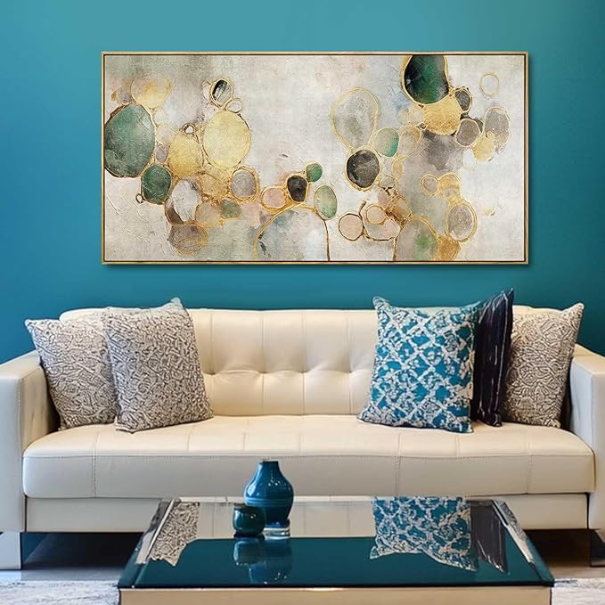 Gold Circle Modern Artwork Framed Abstract Wall Art Green Canvas Decor 24"x48"