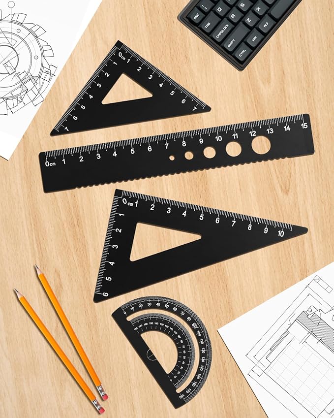 Honagu Triangular Ruler Set, 4 Pieces Aluminum Alloy Ruler, Metal Drafting Ruler, Geometric Protractor for Students, Draftsmen, Engineers, School Office Supplies (Black)