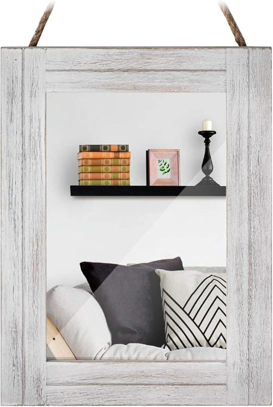 Rectangle Wall Mirror for Bathroom, Distressed White Wood Decor