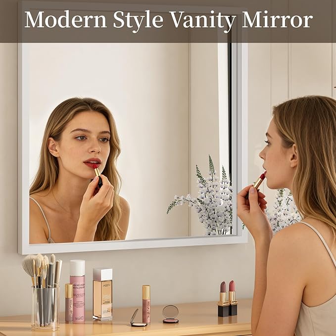 Syndra Square White Wood Frame Bathroom Mirror, Waterproof Slim Deep Frame