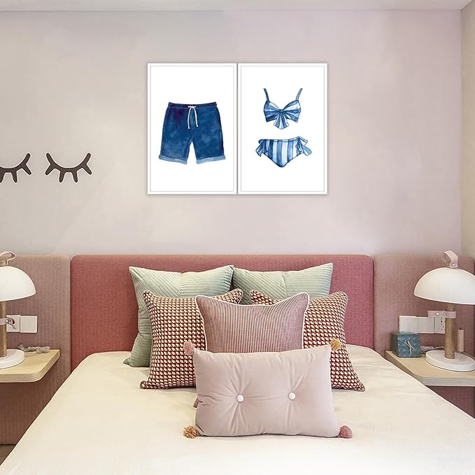 Liyark Set of 2 Retro Navy Blue And White Swimsuit Art Posters Beach Bathing